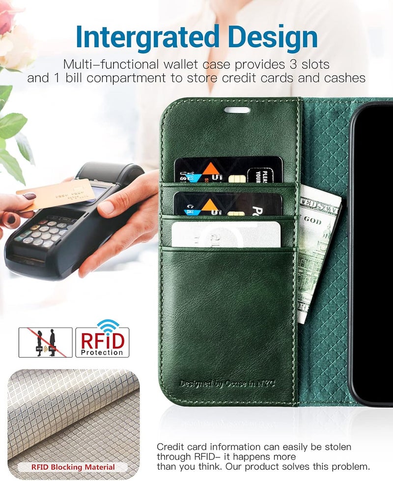 OCASE Compatible with iPhone 13 Wallet Case, PU Leather Flip Folio Case with Card Holders RFID Blocking Kickstand [Shockproof TPU Inner Shell] Phone Cover 6.1 Inch 2021 (Blackish Green) - Image 3